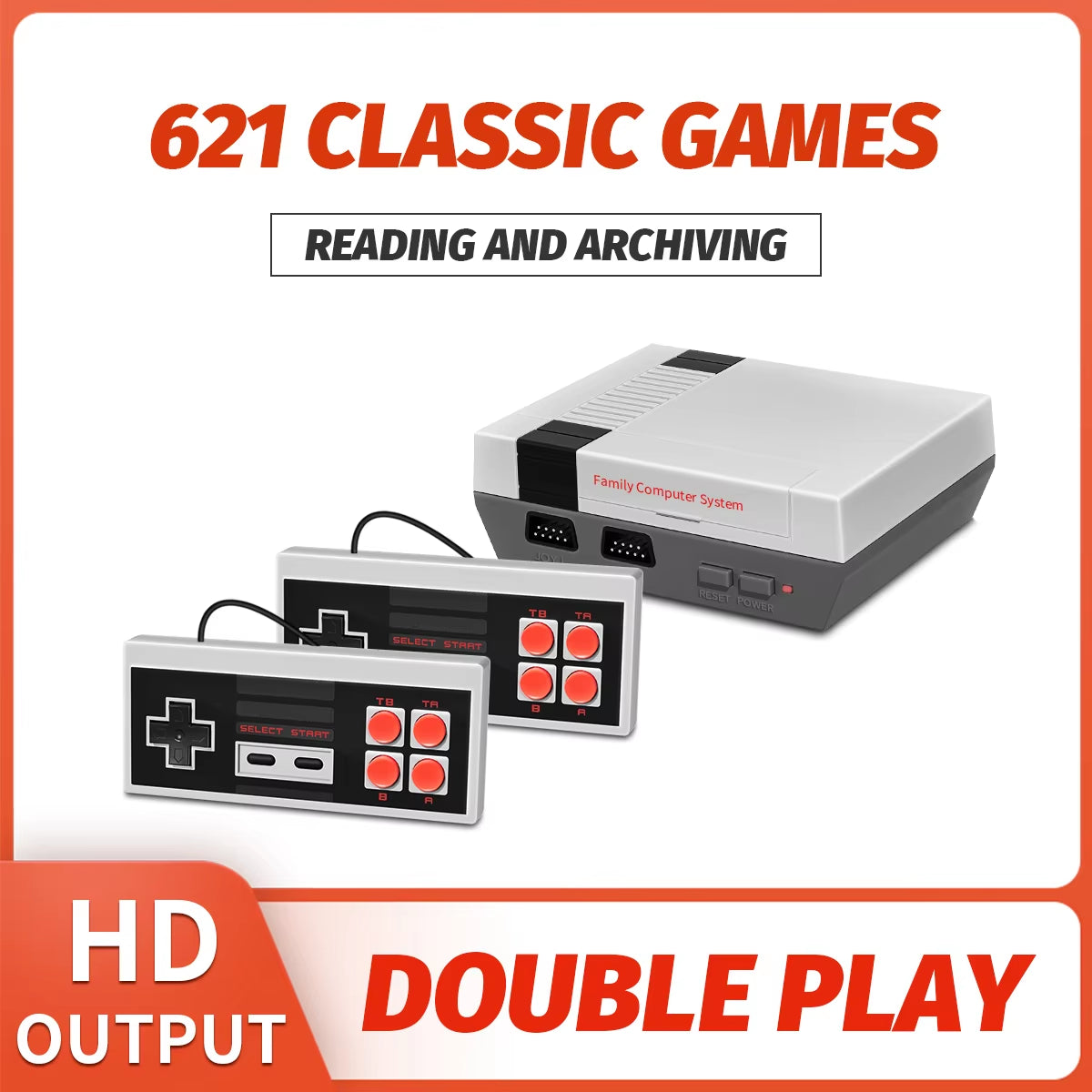 Retro Family HD Video Classic Game Console Built-In 621 Games HD Output with Two Wired Controller TF Card Loading Games