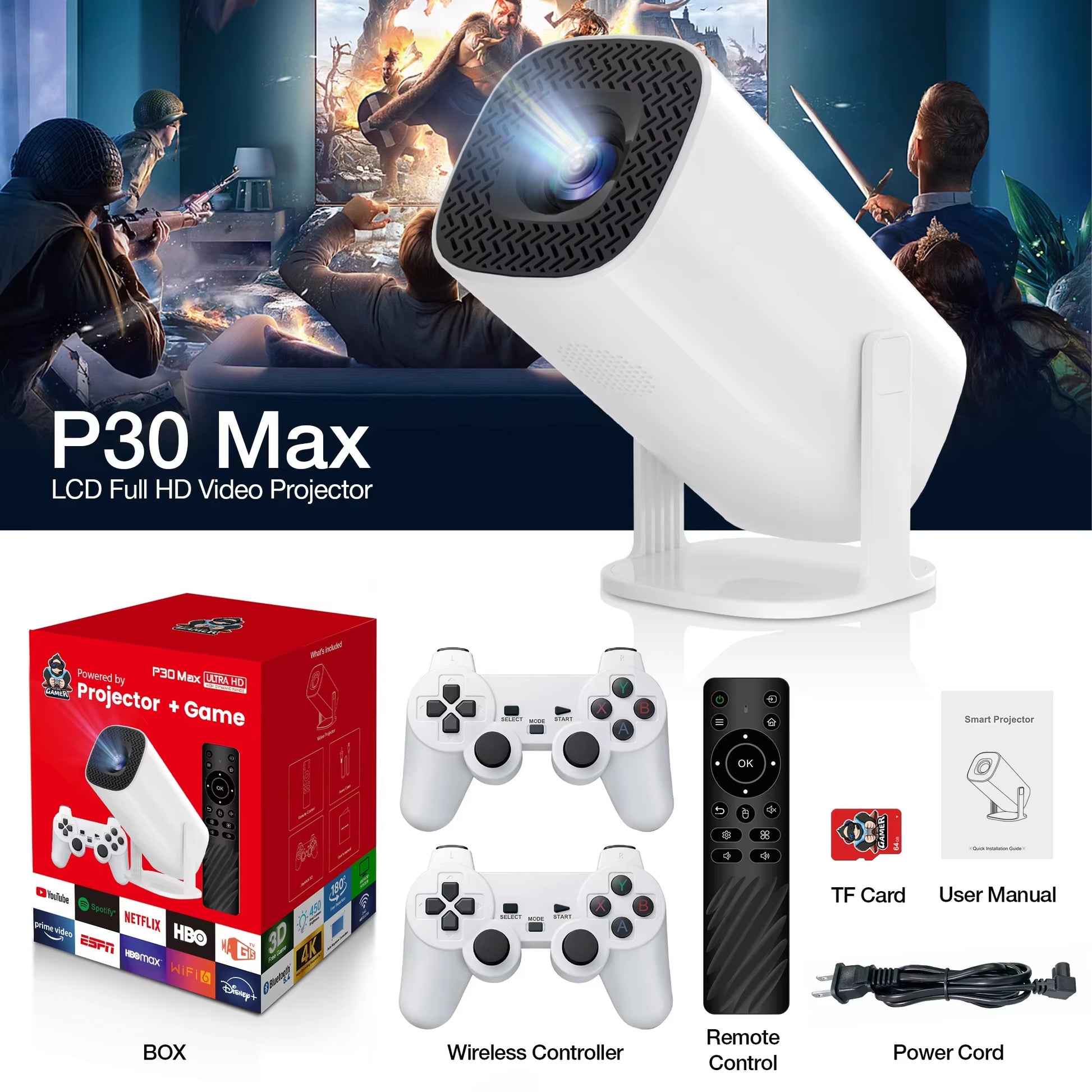 P30 Max Video Game Console Include 2 Wireless Game Controllers 36000 Games Support 4K 1080P Android11 Portable Projector