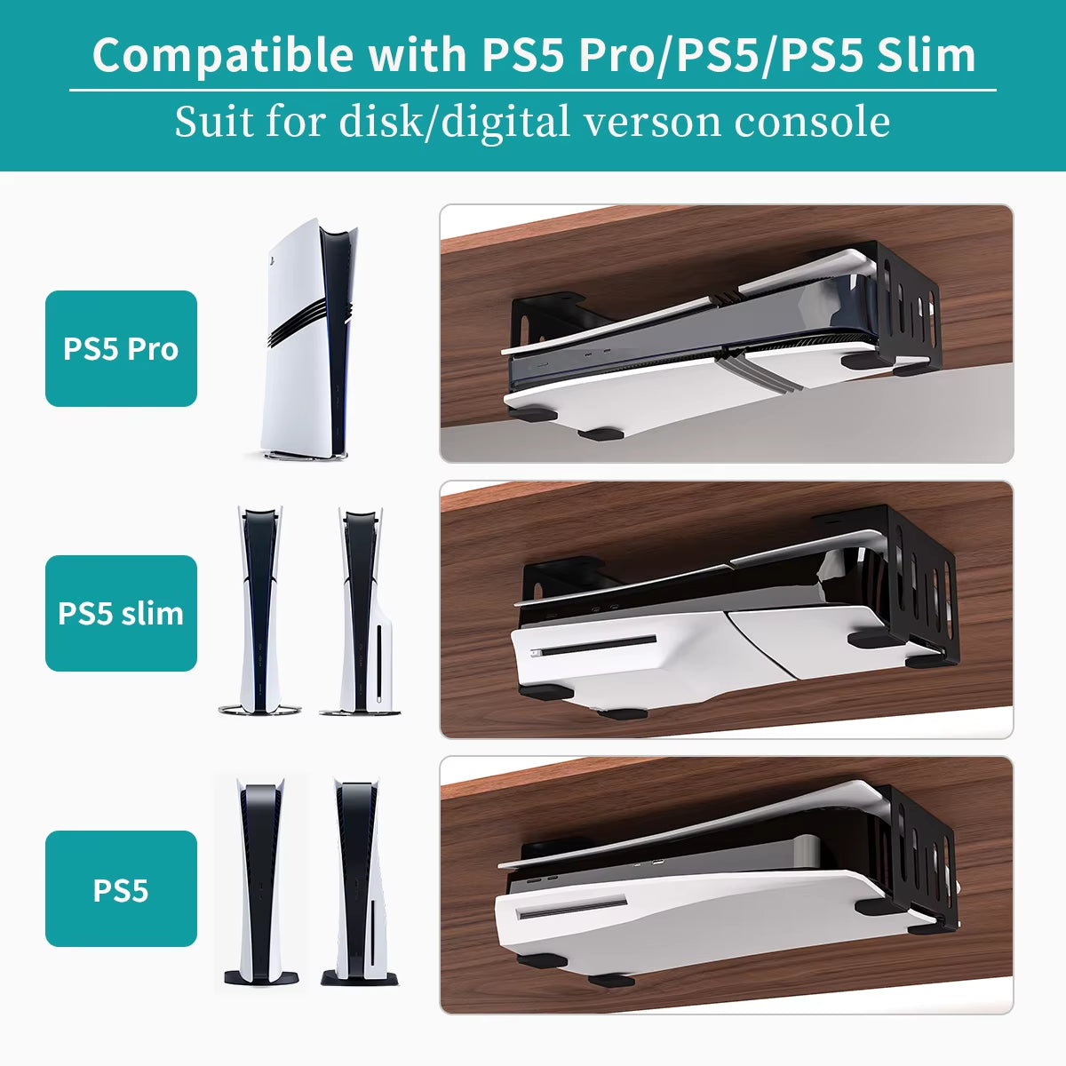 Under Desk Holder for Ps5/Pro/Slim Metal Horizontal Stealth Mount Support Compatible with PS5 Disc&Digital Edition Stand