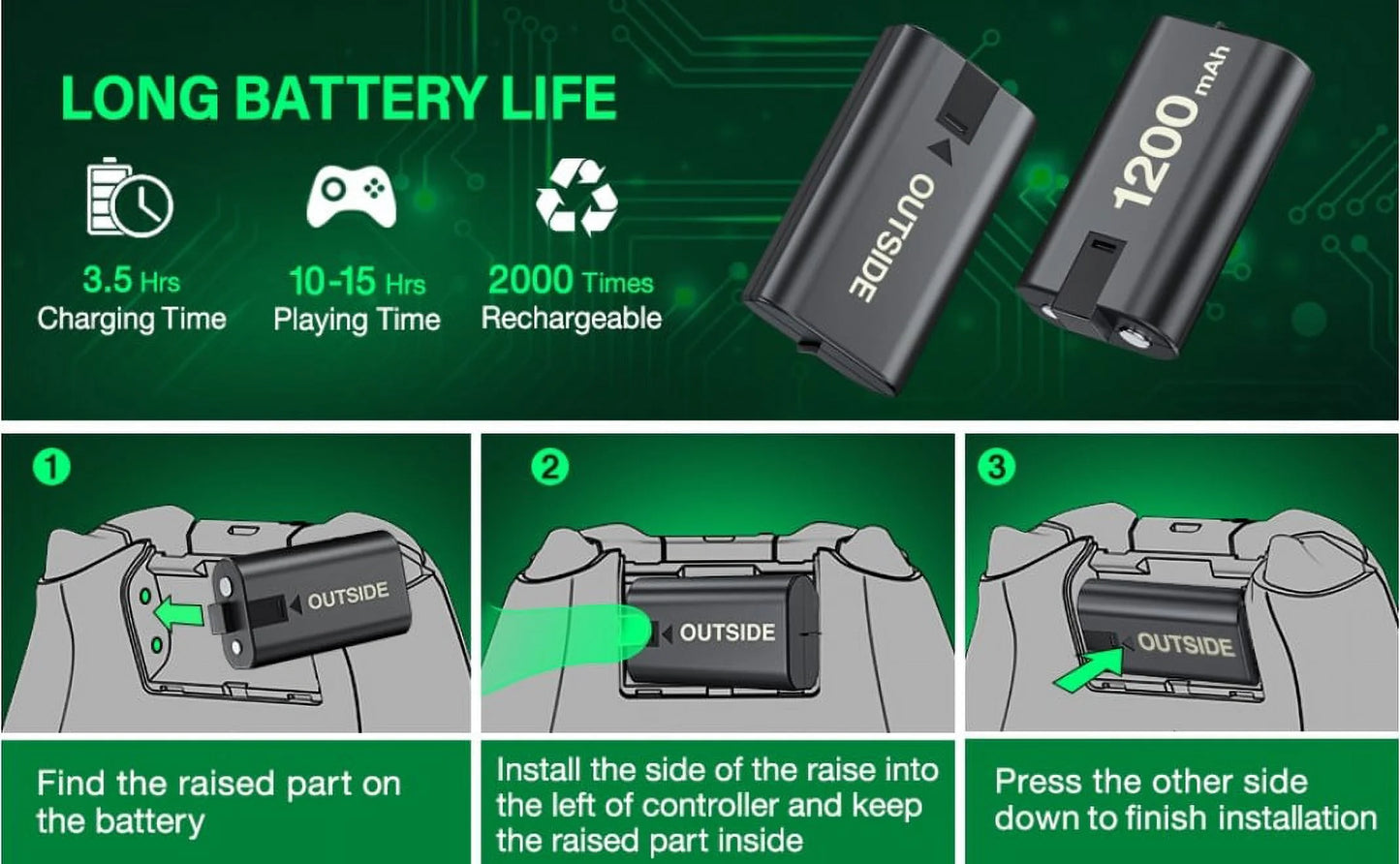 Xbox Controller Battery Pack and Charger,4 X 1200 Mah(2800Mwh) Xbox Rechargeable Battery Packs for Xbox Series X|S/Xbox One/Elite X/S Controller, Xbox Accessories