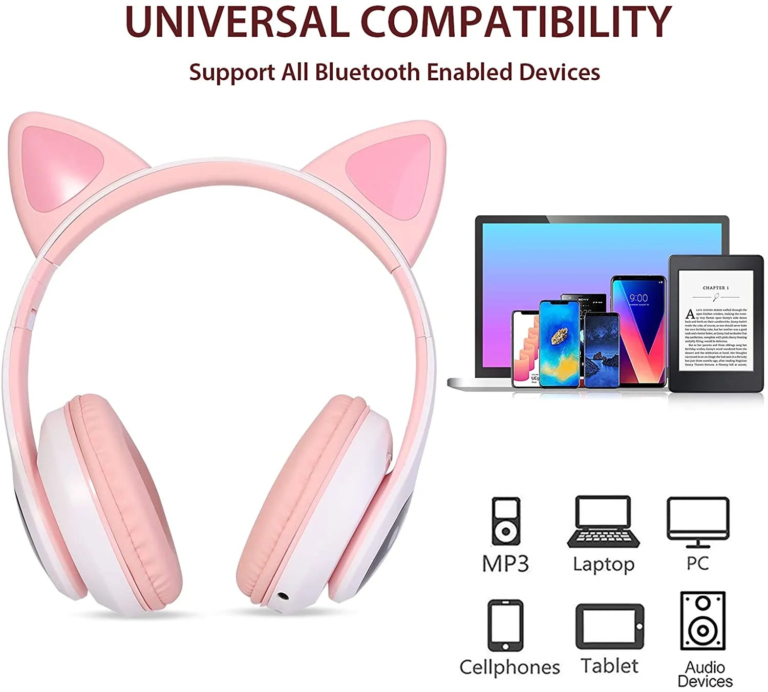 Kids Headphones, Cat Ear Wireless Headphones, LED Light up Bluetooth over on Ear Pink Headphones for Toddler Boy Girl Teen Children W/Microphone for Phone/Laptop/School Christmas Gift for Girls