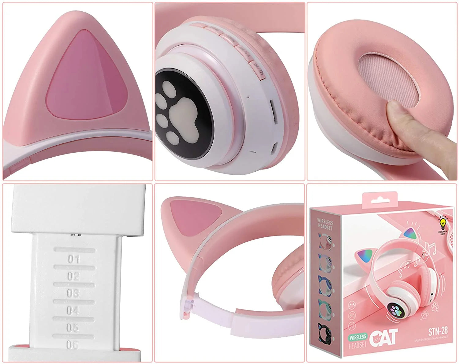 Kids Headphones, Cat Ear Wireless Headphones, LED Light up Bluetooth over on Ear Pink Headphones for Toddler Boy Girl Teen Children W/Microphone for Phone/Laptop/School Christmas Gift for Girls