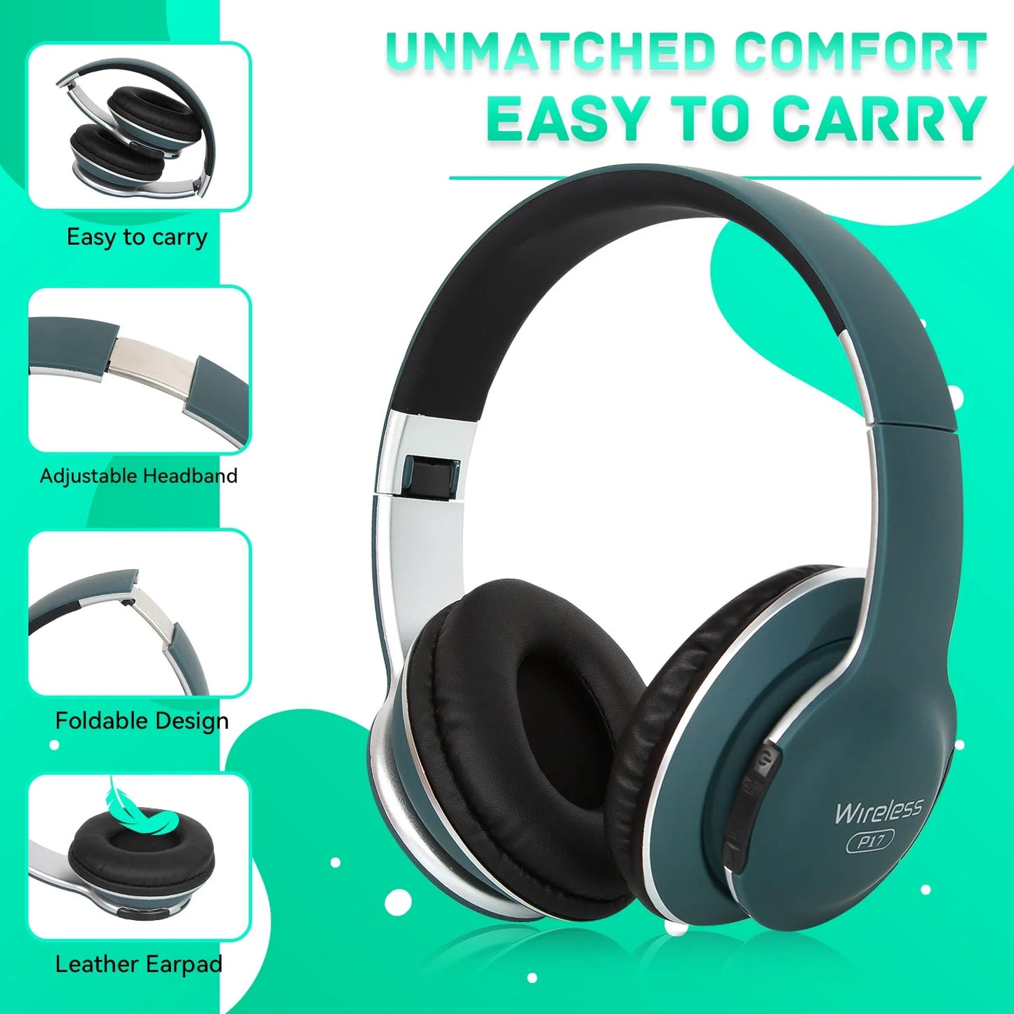 Bluetooth Headphones over Ear, Wireless Headphones Wired with 40 Hours Playtime Foldable Hifi Stereo Headset with Microphone, Soft Ear Pads, FM/TF for Cellphone/Pc